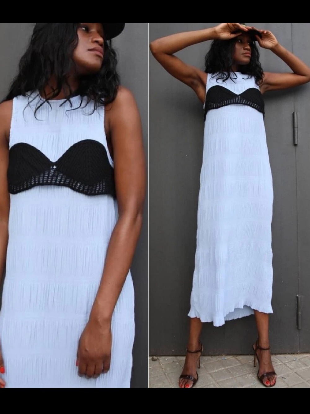 ZARA ELEGANT GRECIAN CRINKLE FLOWING PLEATED DRESS WITH CROCHET DETAIL MIDI MAXI